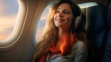 Beautiful girl sitting and smiling on the plane photo