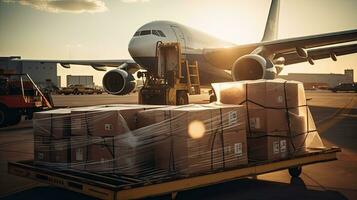 Large boxes of goods are loaded onto transport planes, international freight transport photo