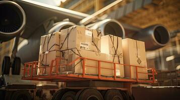 Large boxes of goods are loaded onto transport planes, international freight transport photo