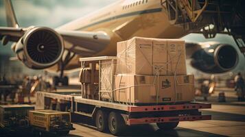 Large boxes of goods are loaded onto transport planes, international freight transport photo