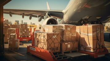 Large boxes of goods are loaded onto transport planes, international freight transport photo