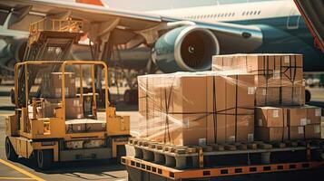 Large boxes of goods are loaded onto transport planes, international freight transport photo