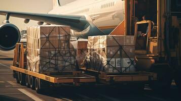 Large boxes of goods are loaded onto transport planes, international freight transport photo