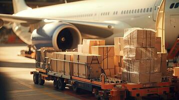 Large boxes of goods are loaded onto transport planes, international freight transport photo