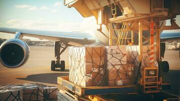 Large boxes of goods are loaded onto transport planes, international freight transport photo