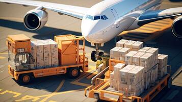 Large boxes of goods are loaded onto transport planes, international freight transport photo