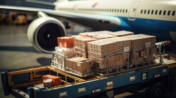 Large boxes of goods are loaded onto transport planes, international freight transport photo