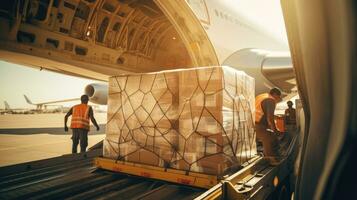 Large boxes of goods are loaded onto transport planes, international freight transport photo