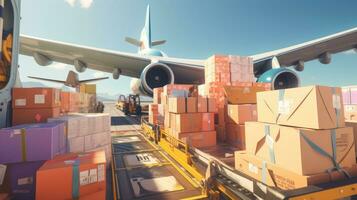 grande cajas de bienes son cargado sobre transporte aviones, internacional carga transporte foto