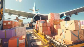 Large boxes of goods are loaded onto transport planes, international freight transport photo