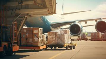 grande cajas de bienes son cargado sobre transporte aviones, internacional carga transporte foto