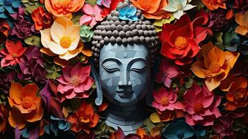 Buddha image, ancient Buddhism surrounded by flowers photo