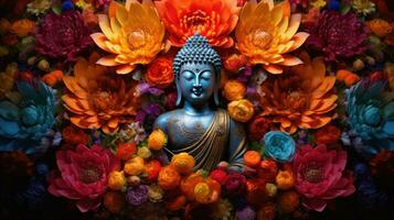 Buddha image, ancient Buddhism surrounded by flowers photo