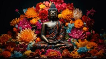 Buddha image, ancient Buddhism surrounded by flowers photo