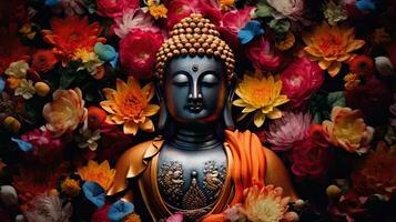 Buddha image, ancient Buddhism surrounded by flowers photo