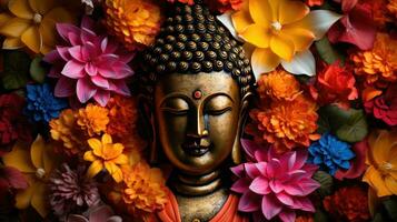 Buddha image, ancient Buddhism surrounded by flowers photo