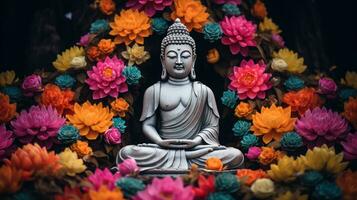 Buddha image, ancient Buddhism surrounded by flowers photo