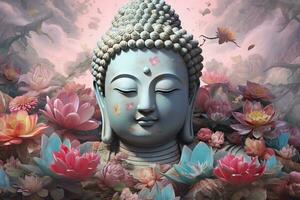 Buddha image, ancient Buddhism surrounded by flowers photo