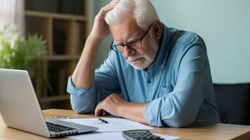 Elderly man sitting thinking, using laptop and writing in notebook at home table. Studying the concept of formula photo