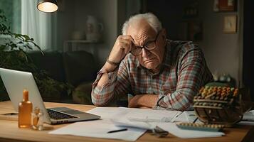 Elderly man sitting thinking, using laptop and writing in notebook at home table. Studying the concept of formula photo