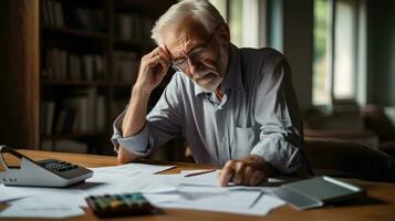 Elderly man sitting thinking, using laptop and writing in notebook at home table. Studying the concept of formula photo