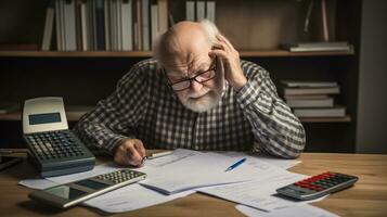 Elderly man sitting thinking, using laptop and writing in notebook at home table. Studying the concept of formula photo