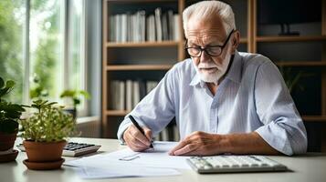 Elderly man sitting thinking, using laptop and writing in notebook at home table. Studying the concept of formula photo