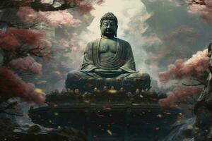 Buddha image, ancient Buddhism surrounded by flowers photo