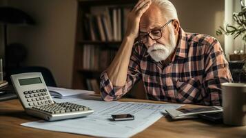 Elderly man sitting thinking, using laptop and writing in notebook at home table. Studying the concept of formula photo