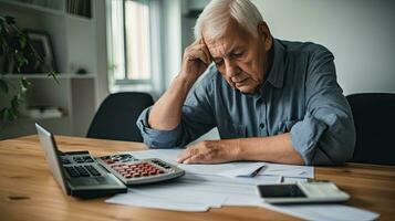 Elderly man sitting thinking, using laptop and writing in notebook at home table. Studying the concept of formula photo