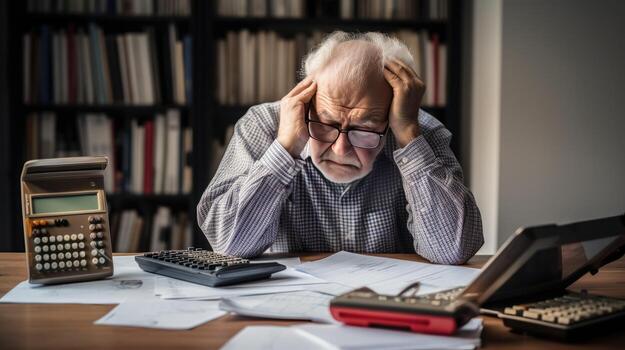 Elderly man sitting thinking, using laptop and writing in notebook at home table. Studying the concept of formula photo