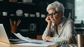 Elderly woman sitting thinking using laptop and writing in notebook at home table Study the concept of formula photo