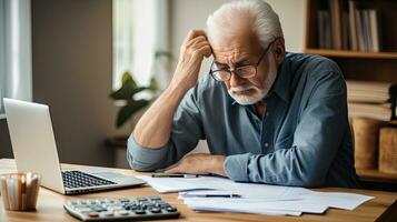 Elderly man sitting thinking, using laptop and writing in notebook at home table. Studying the concept of formula photo
