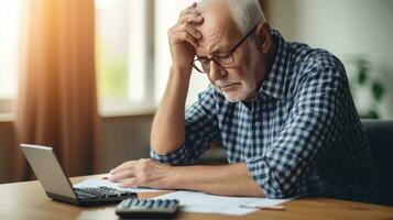 Elderly man sitting thinking, using laptop and writing in notebook at home table. Studying the concept of formula photo