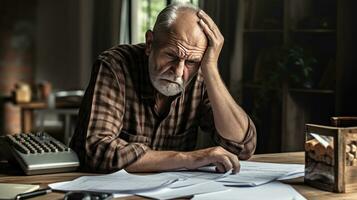 Elderly man sitting thinking, using laptop and writing in notebook at home table. Studying the concept of formula photo