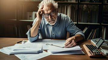 Elderly man sitting thinking, using laptop and writing in notebook at home table. Studying the concept of formula photo