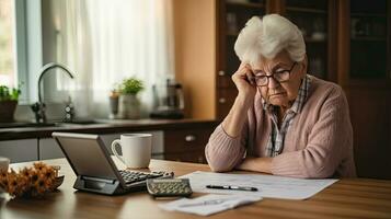 Elderly woman sitting thinking using laptop and writing in notebook at home table Study the concept of formula photo