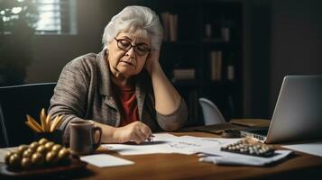 Elderly woman sitting thinking using laptop and writing in notebook at home table Study the concept of formula photo