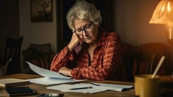Elderly woman sitting thinking using laptop and writing in notebook at home table Study the concept of formula photo