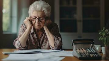 Elderly woman sitting thinking using laptop and writing in notebook at home table Study the concept of formula photo