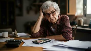 Elderly woman sitting thinking using laptop and writing in notebook at home table Study the concept of formula photo