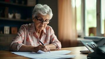 Elderly woman sitting thinking using laptop and writing in notebook at home table Study the concept of formula photo