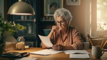 Elderly woman sitting thinking using laptop and writing in notebook at home table Study the concept of formula photo