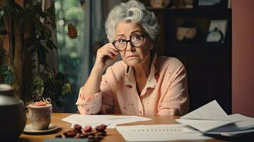 Elderly woman sitting thinking using laptop and writing in notebook at home table Study the concept of formula photo