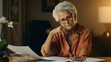 Elderly woman sitting thinking using laptop and writing in notebook at home table Study the concept of formula photo