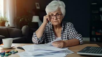 Elderly woman sitting thinking using laptop and writing in notebook at home table Study the concept of formula photo
