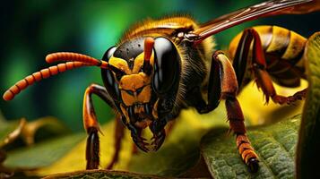 Macro shot of a bee's eye on a green leaf. photo