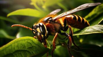 Macro shot of a bee's eye on a green leaf. photo