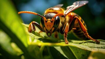 Macro shot of a bee's eye on a green leaf. photo