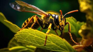 Macro shot of a bee's eye on a green leaf. photo